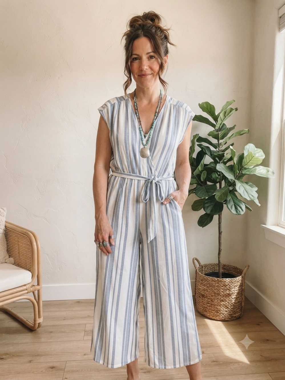 Japna Jumpsuit Blue & White Striped Sleeveless Tie-Waist Medium